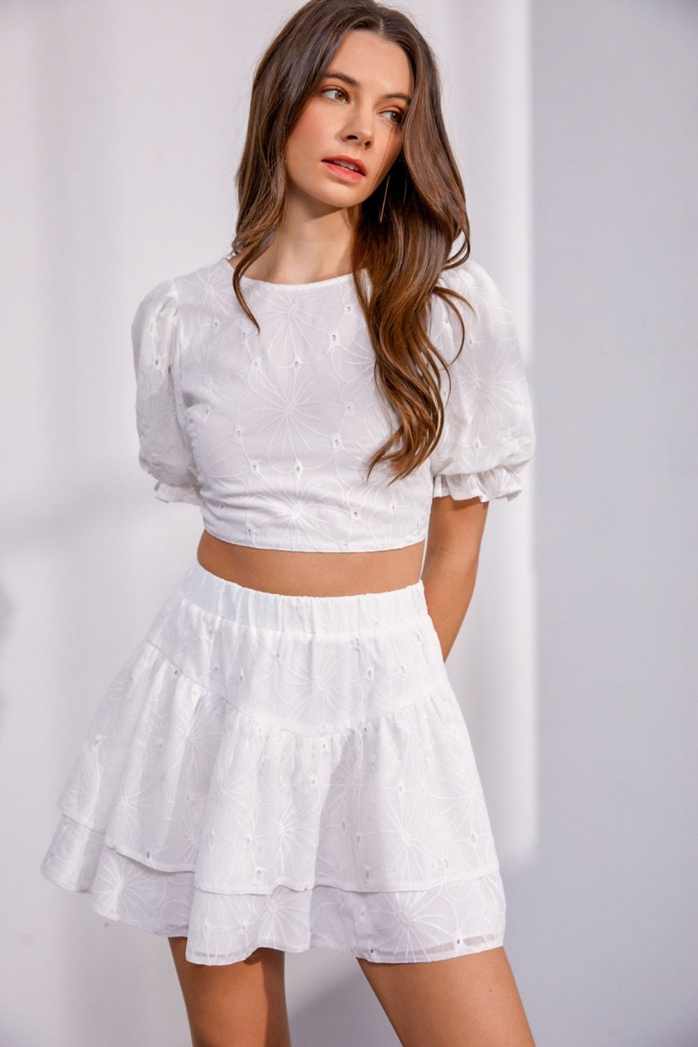 Back Lace Up Eyelet Fabric Crop Top in WhiteTopTASHA