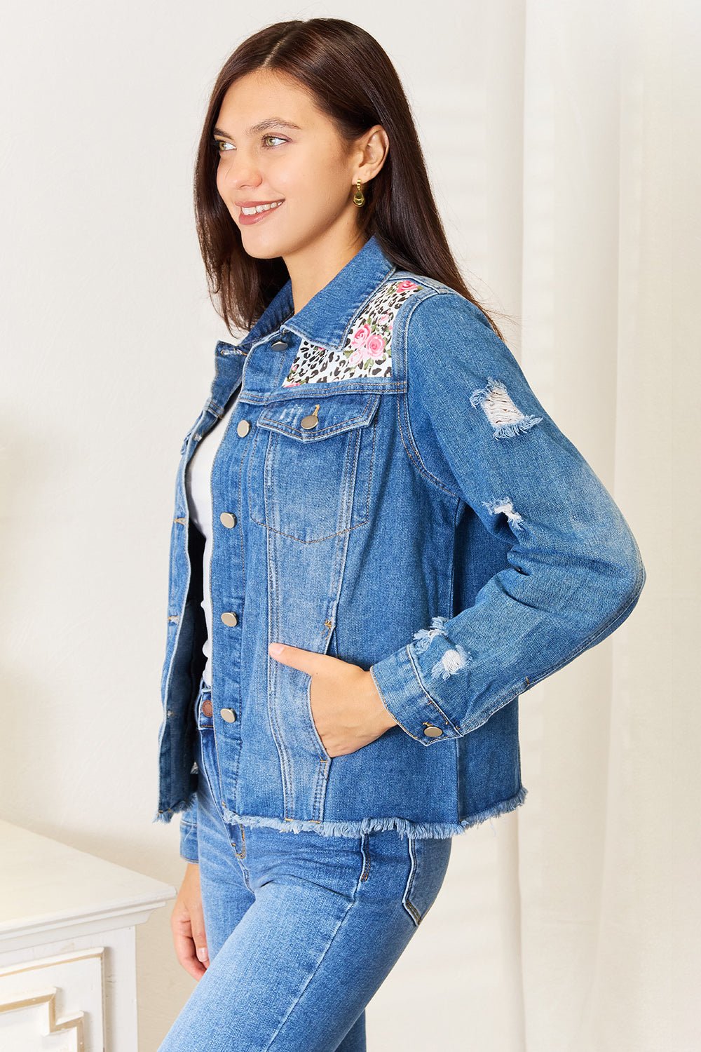 BAEFUL - Leopard Floral Distressed Raw Hem Denim Jacket