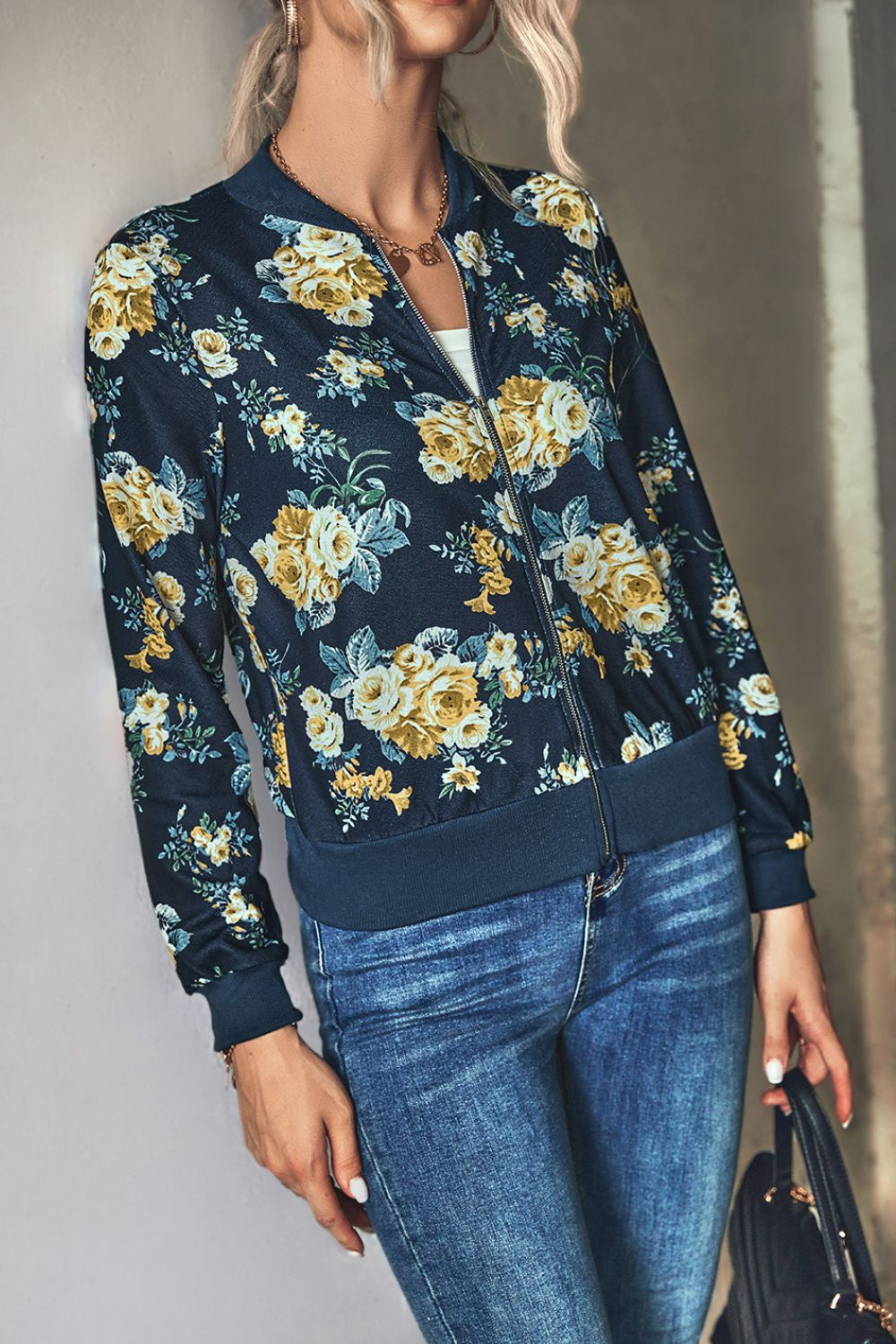 Floral Zip Up Bomber Jacket