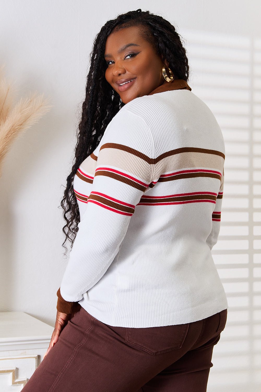 Basic Bae - Beige Striped Collared Neck Rib Knit Top