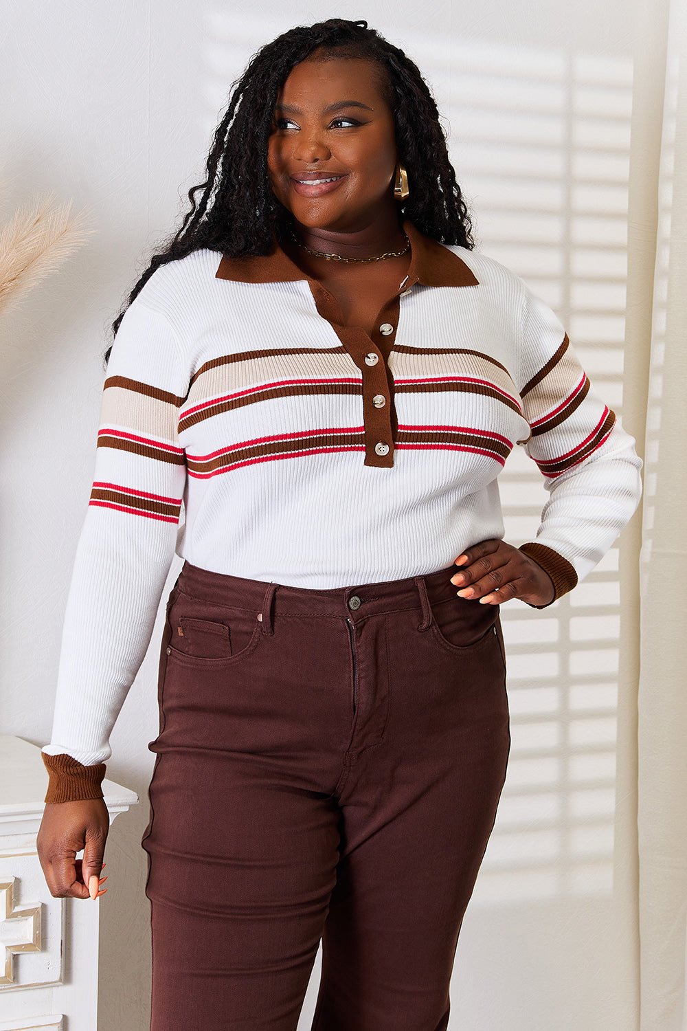 Basic Bae - Beige Striped Collared Neck Rib Knit Top