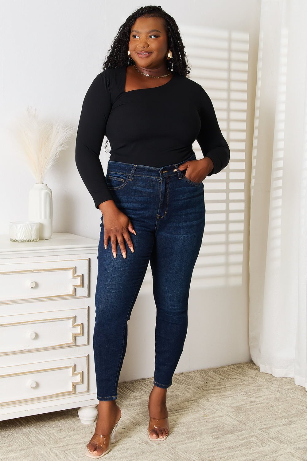 Basic Bae - Black Asymmetric Neck Long Sleeve Top