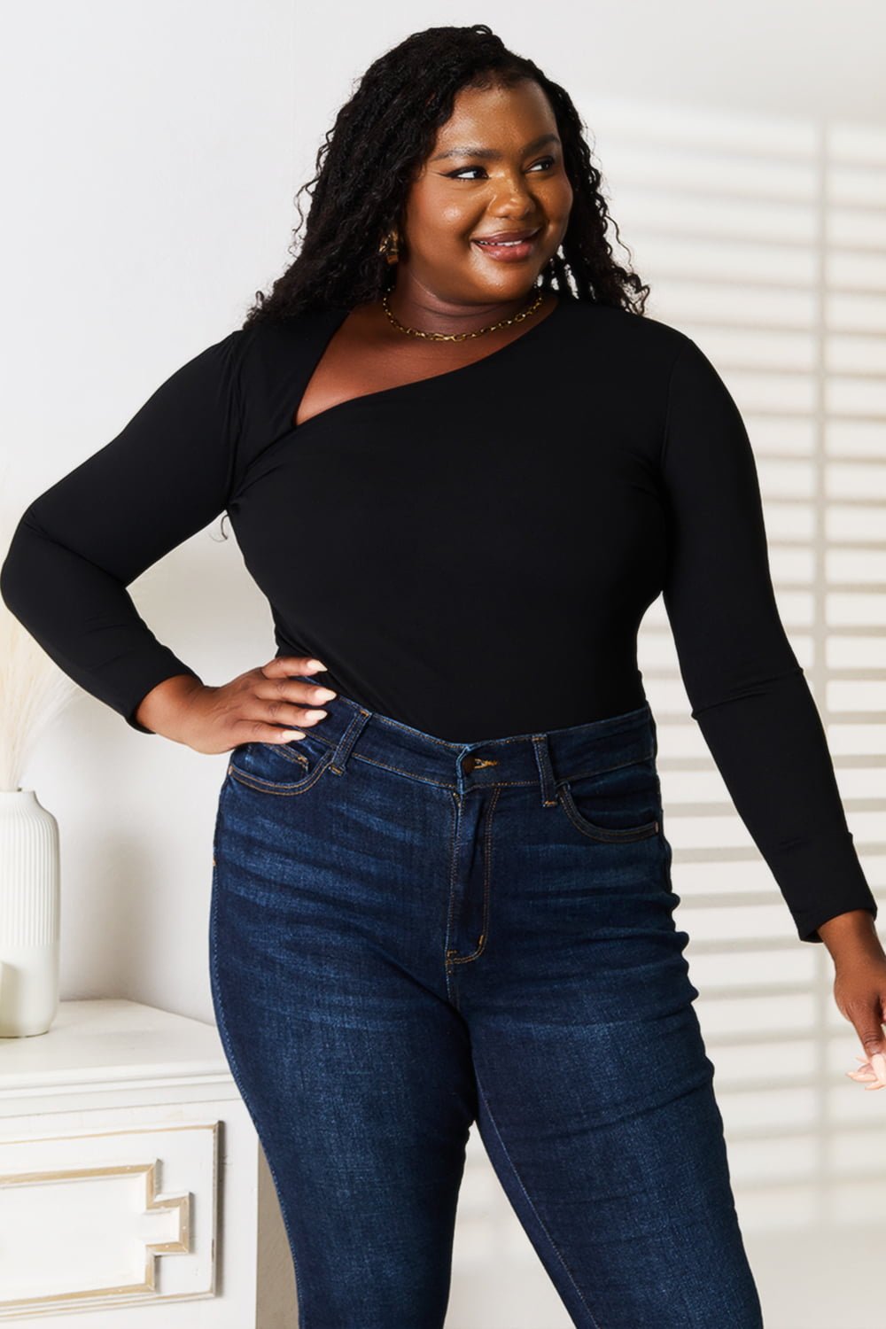 Basic Bae - Black Asymmetric Neck Long Sleeve Top