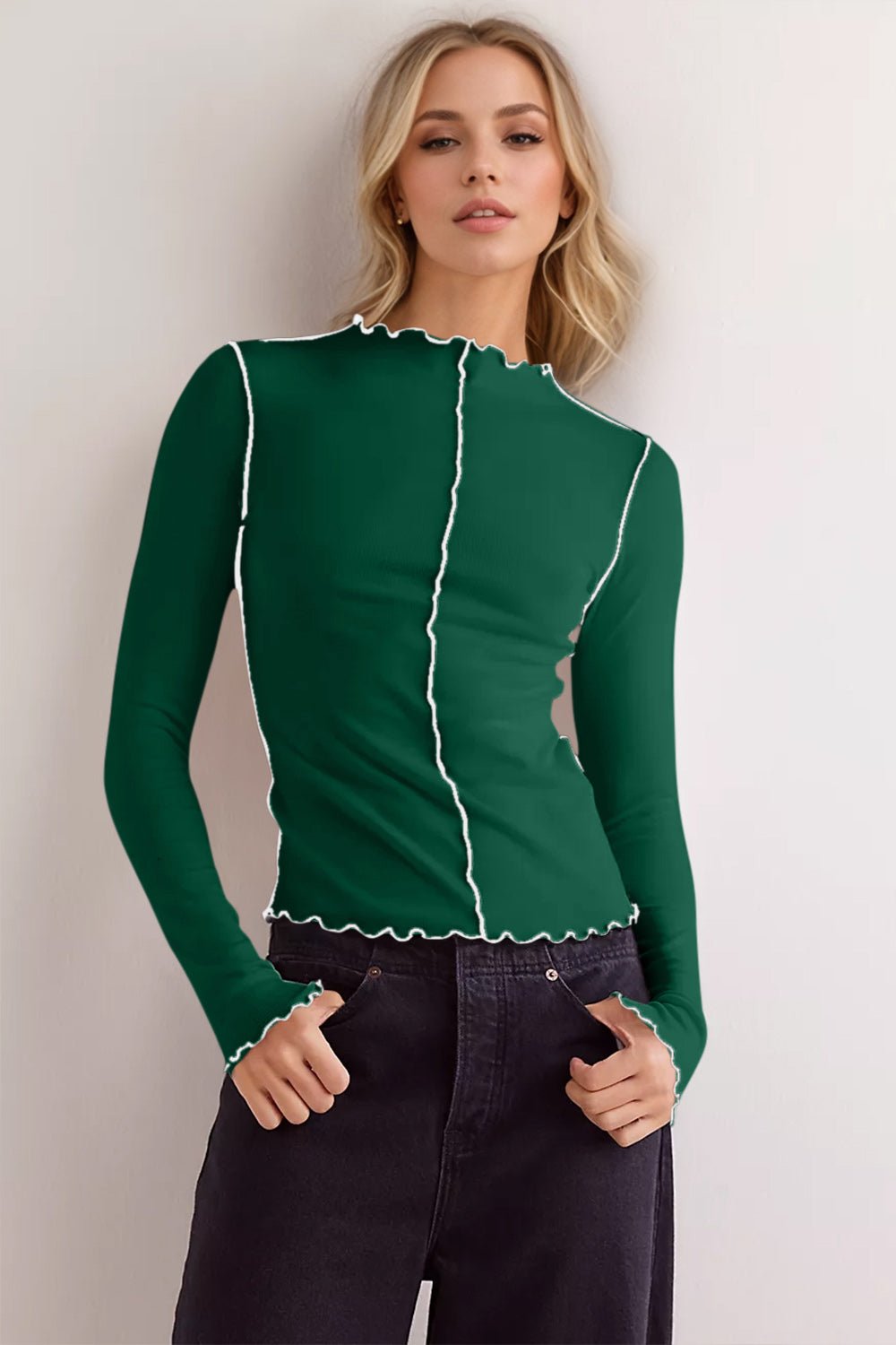 Basic Bae - Contrast Trim Mock Neck Long Sleeve T-Shirt