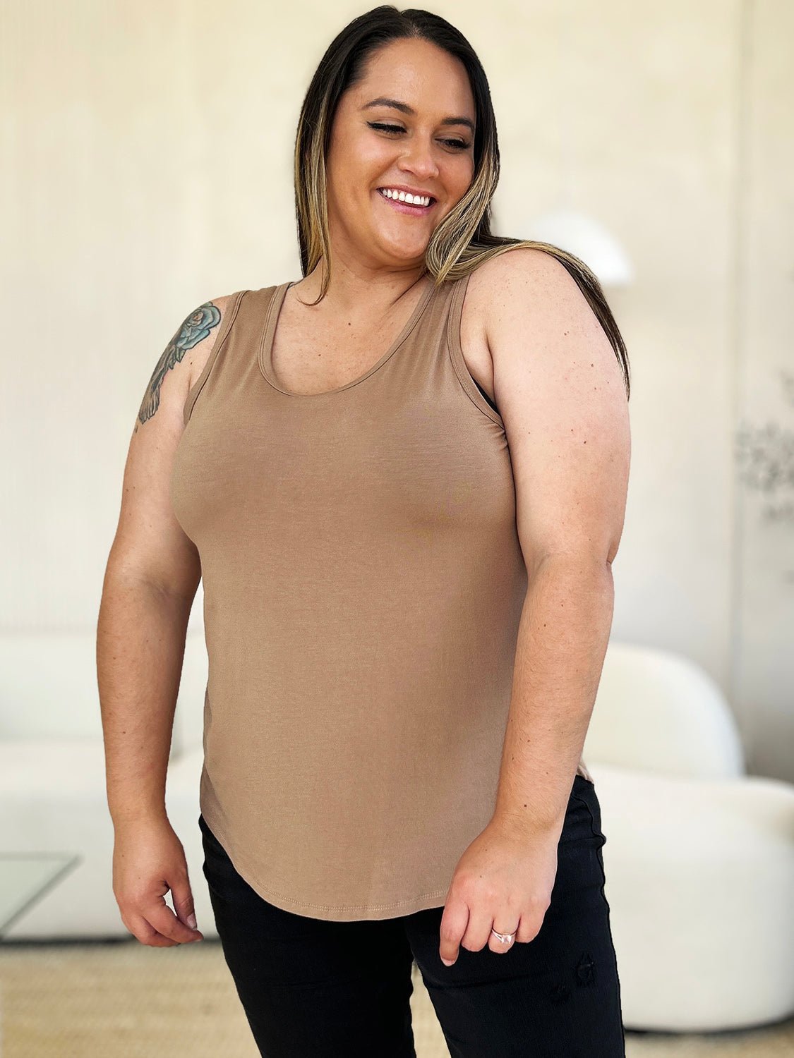 Basic Bae - Crew Neck Curved Hem Tank