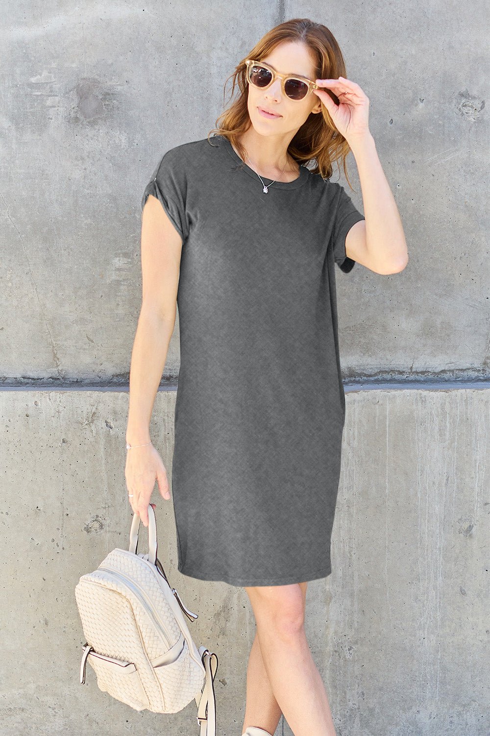 Basic Bae - Crew Neck Short Sleeve Mini Tee Dress with Pockets