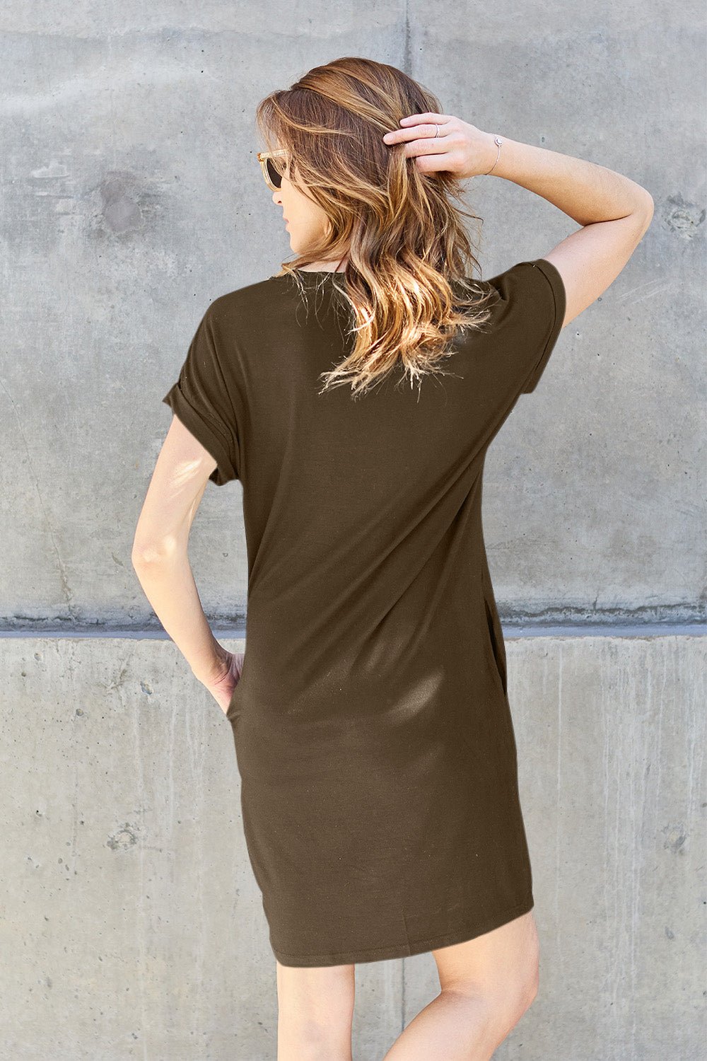 Basic Bae - Crew Neck Short Sleeve Mini Tee Dress with Pockets