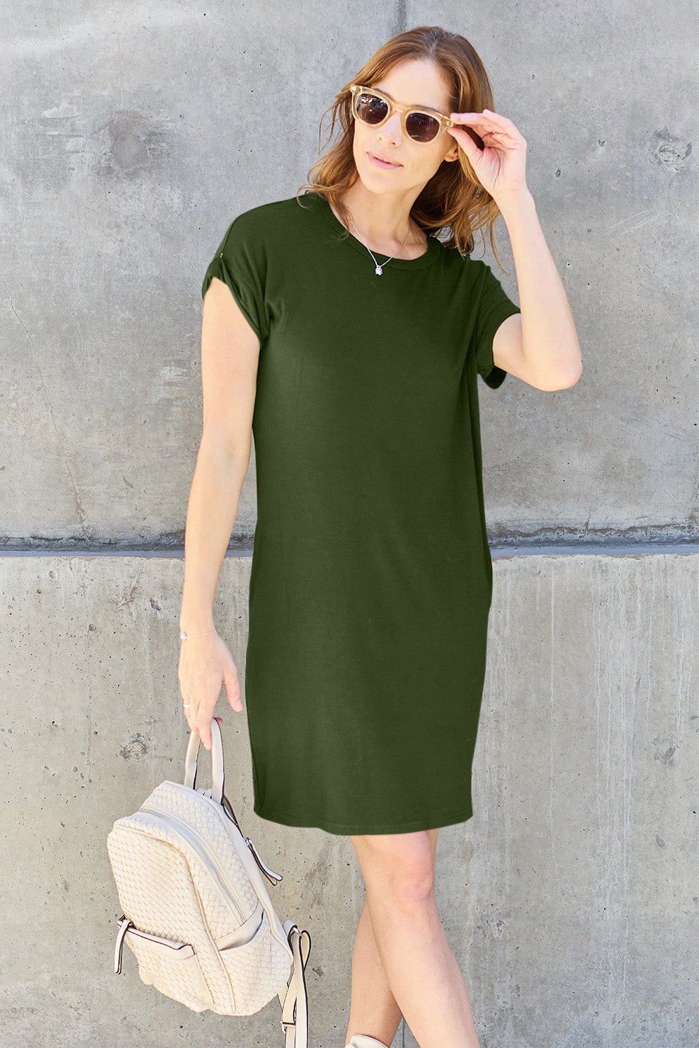 Basic Bae - Crew Neck Short Sleeve Mini Tee Dress with Pockets