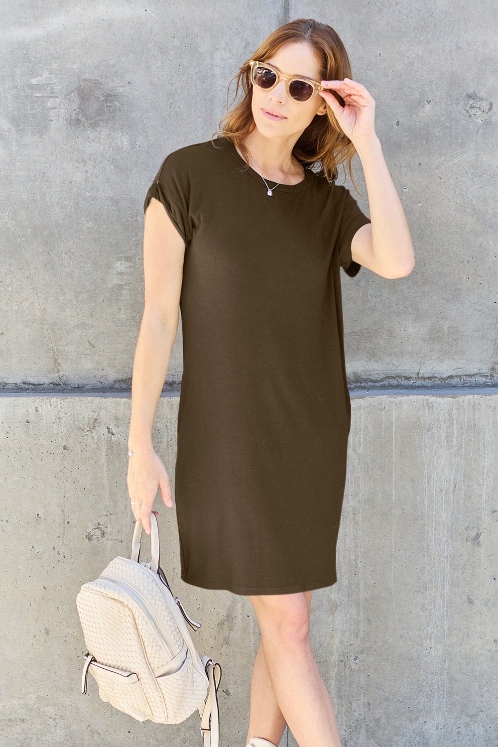 Basic Bae - Crew Neck Short Sleeve Mini Tee Dress with Pockets