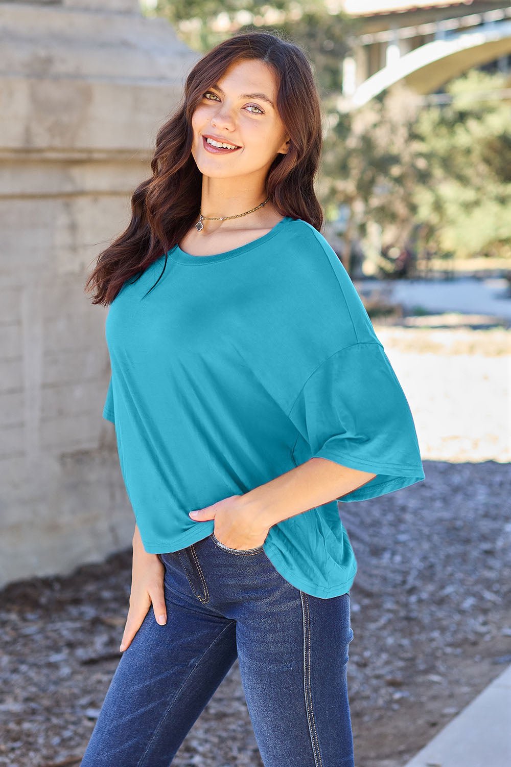 Basic Bae - Drop Shoulder Half Sleeve T-Shirt