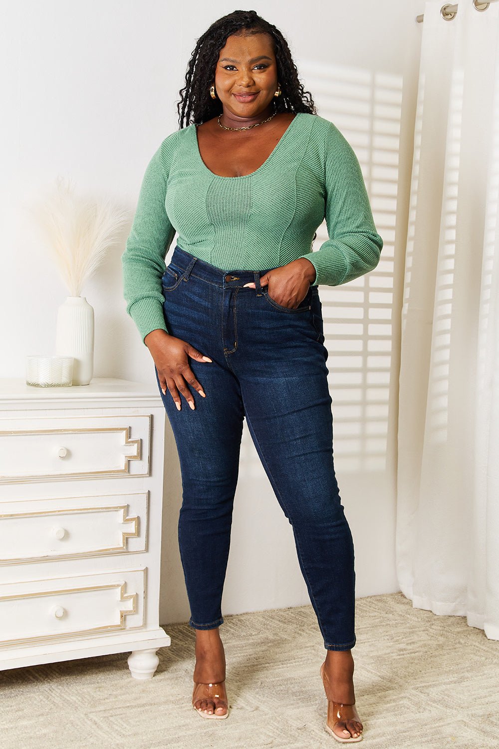 Basic Bae - Green Scoop Neck Long Sleeve Top