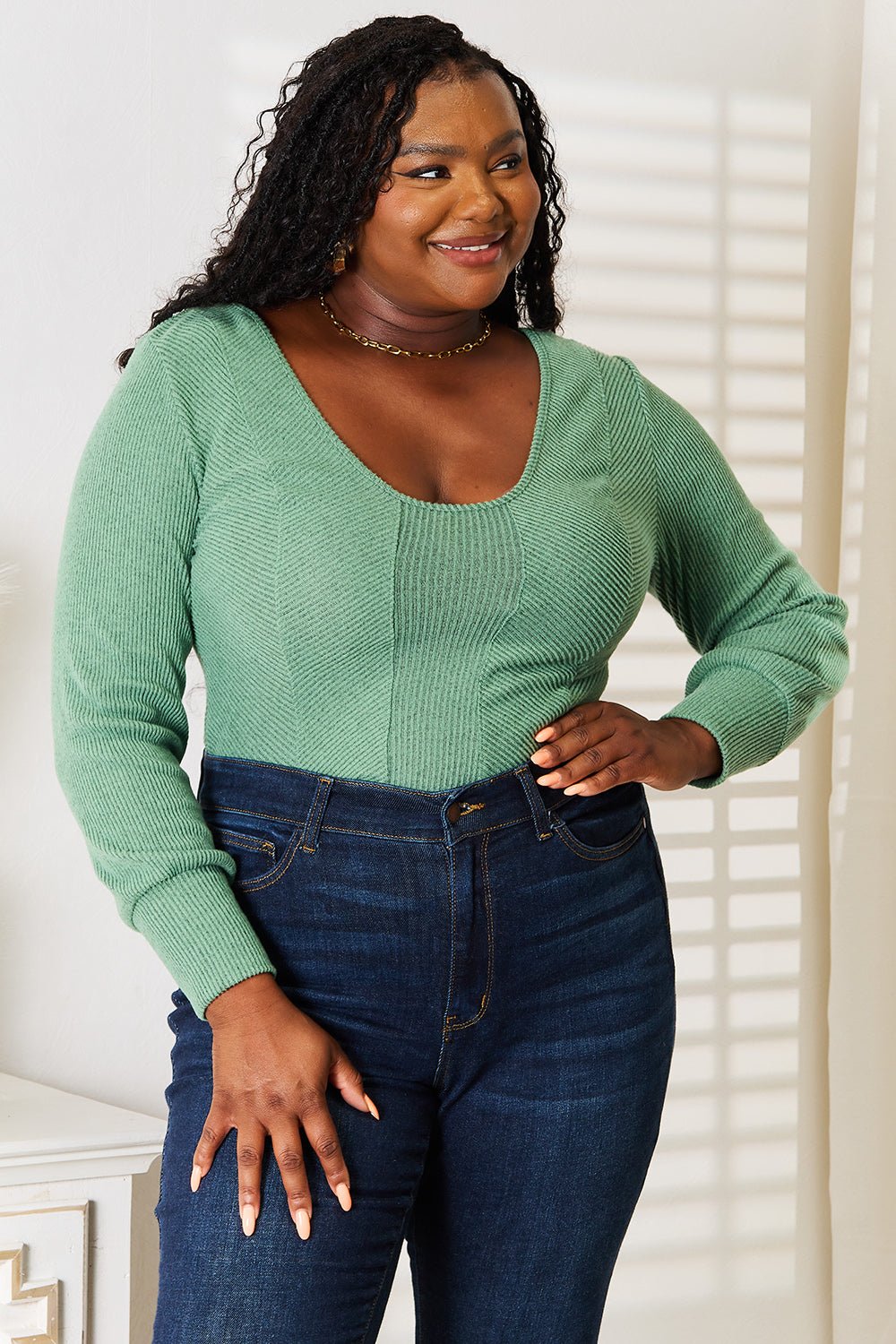 Basic Bae - Green Scoop Neck Long Sleeve Top