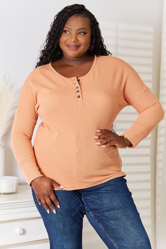 Basic Bae - Half Button Long Sleeve Top in Caramel