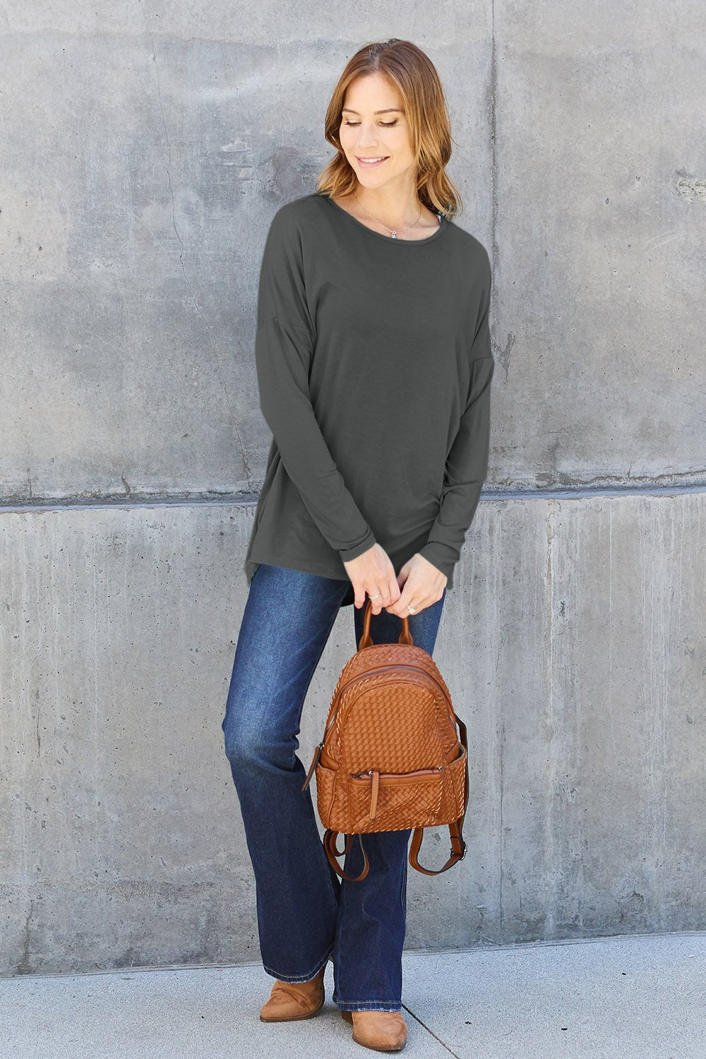 Basic Bae - Long Sleeve Dropped Shoulder Tunic T-Shirt