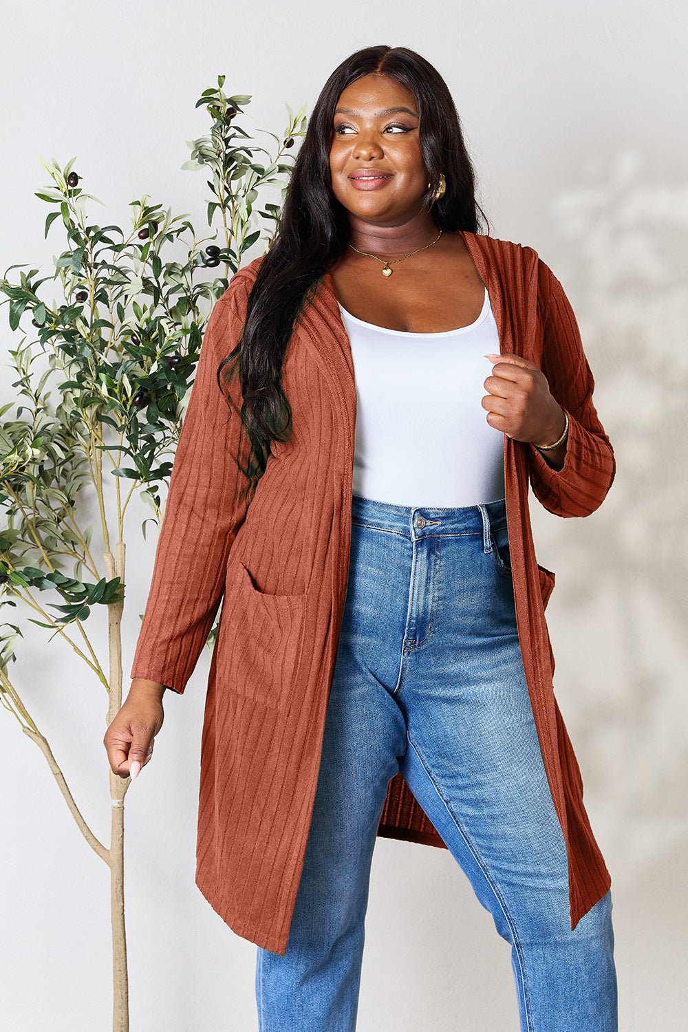 Basic Bae - Open Front Hooded Cardigan Sweater