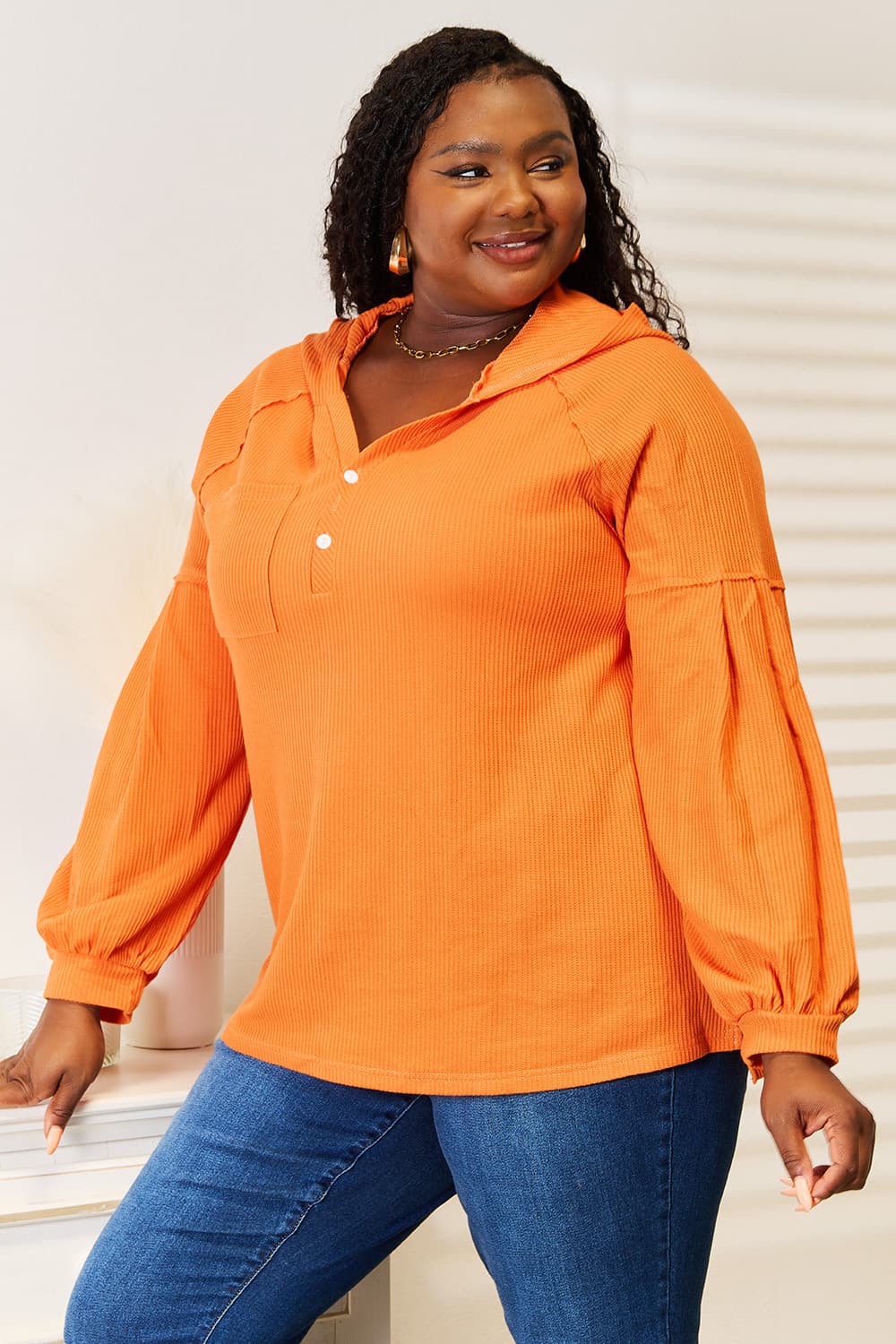 Basic Bae - Orange Half Buttoned Waffle Knit Tunic Hoodie