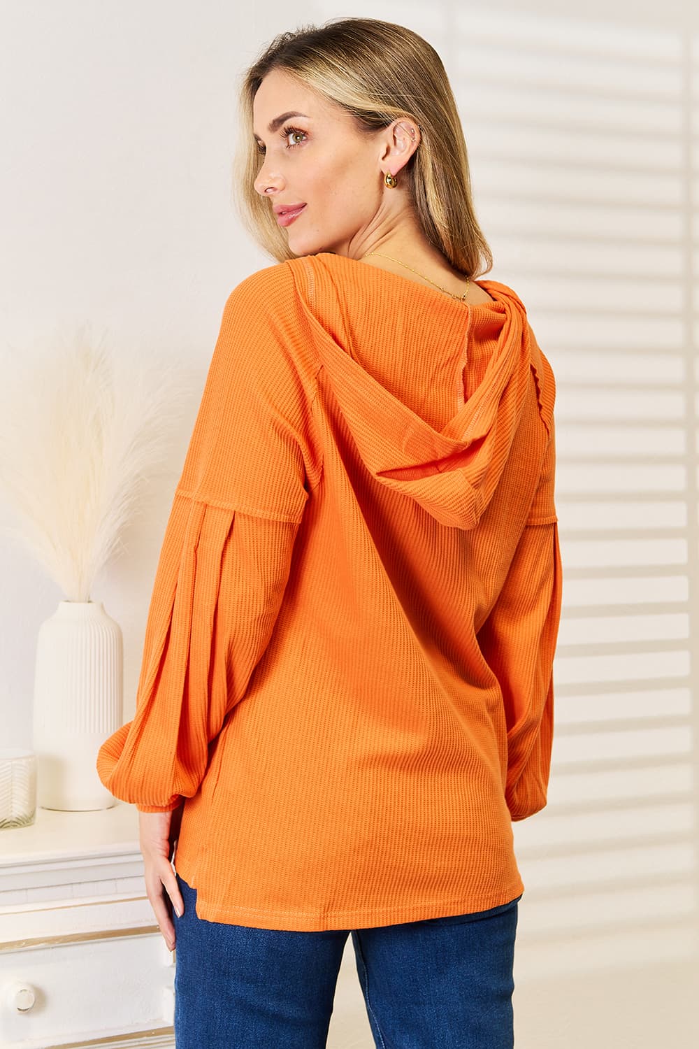 Basic Bae - Orange Half Buttoned Waffle Knit Tunic Hoodie