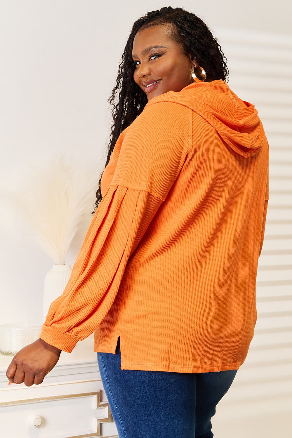 Basic Bae - Orange Half Buttoned Waffle Knit Tunic Hoodie