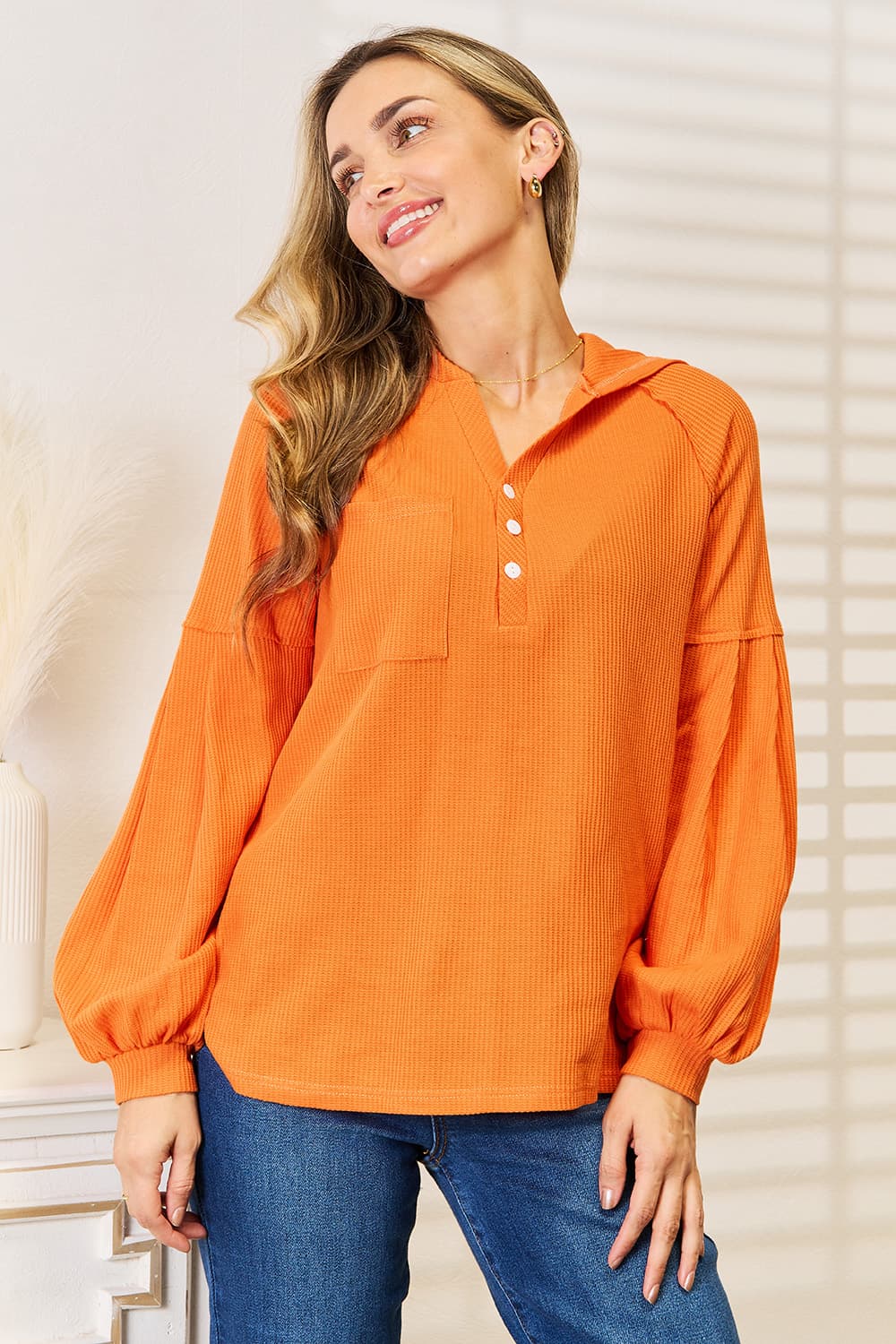 Basic Bae - Orange Half Buttoned Waffle Knit Tunic Hoodie