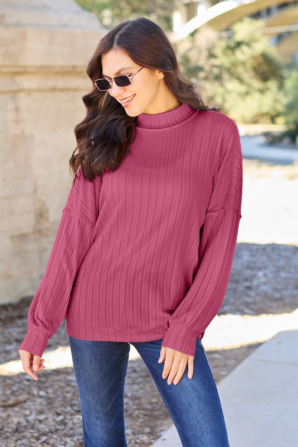 Basic Bae - Rib Knit Exposed Seams Mock Neck Knit Top