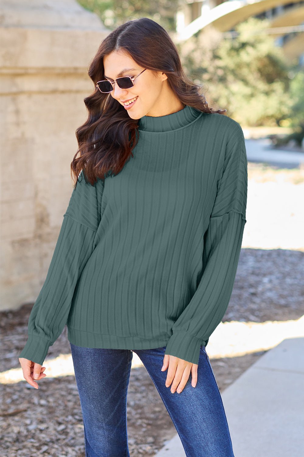 Basic Bae - Rib Knit Exposed Seams Mock Neck Knit Top