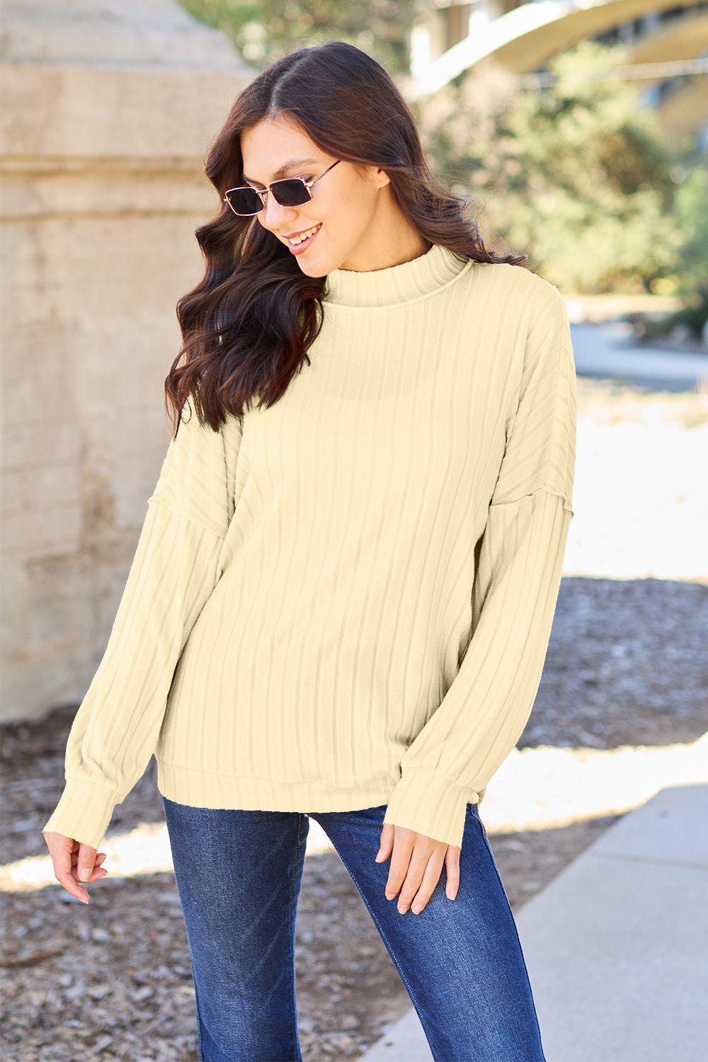 Basic Bae - Rib Knit Exposed Seams Mock Neck Knit Top