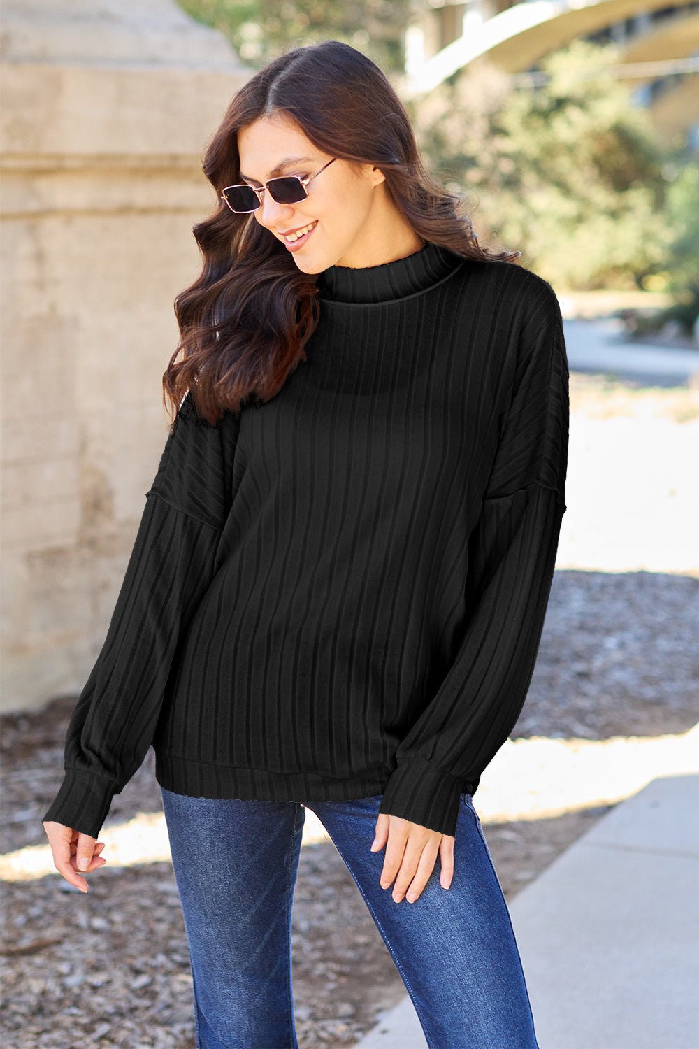 Basic Bae - Rib Knit Exposed Seams Mock Neck Knit Top