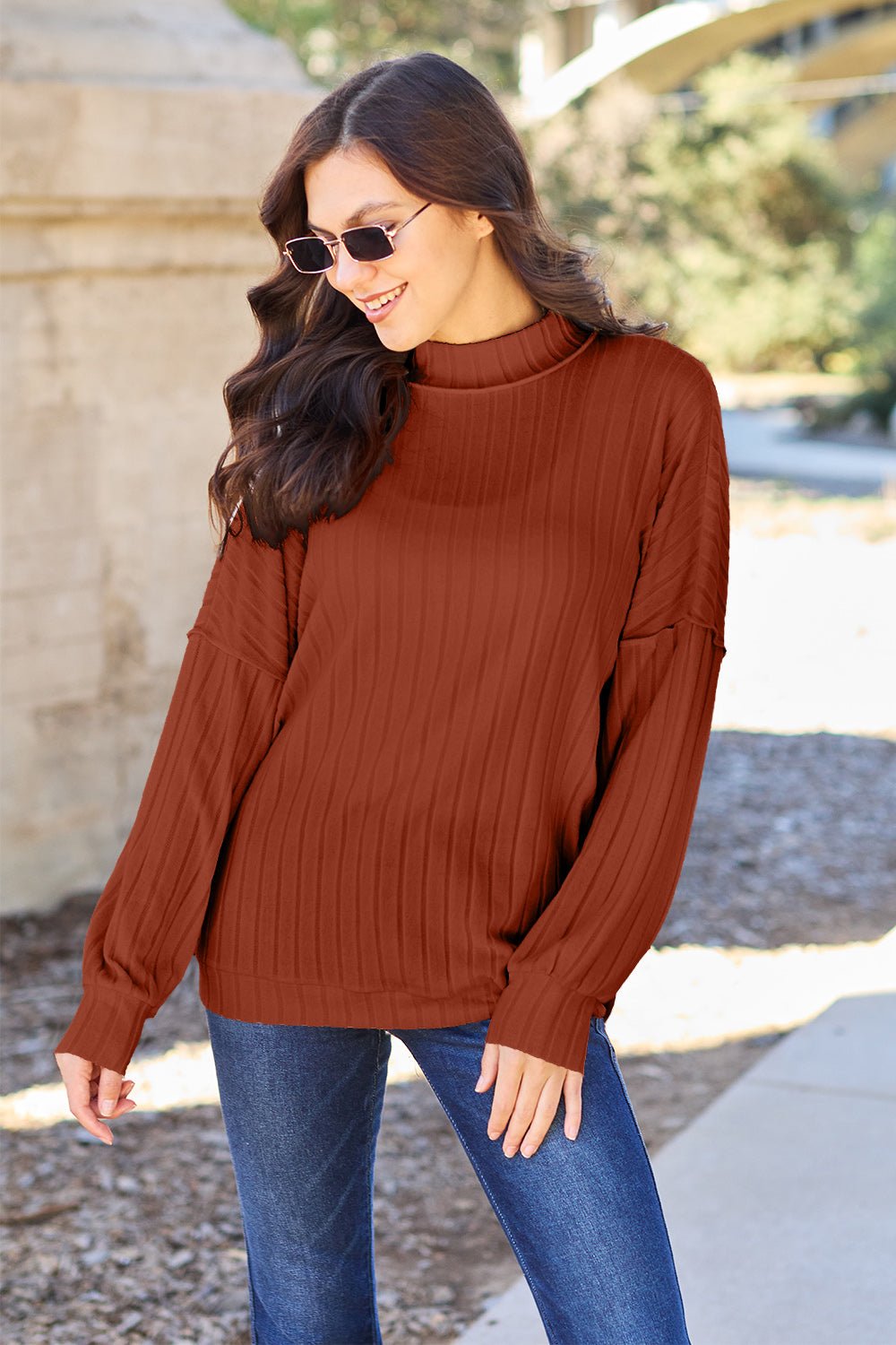 Basic Bae - Rib Knit Exposed Seams Mock Neck Knit Top