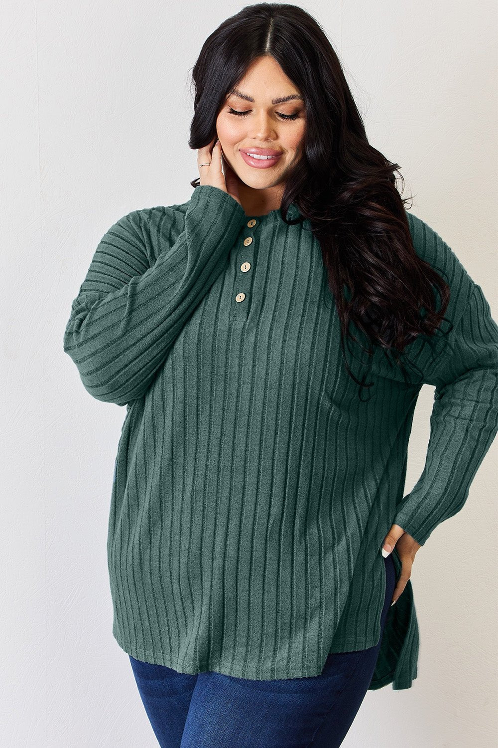 Basic Bae - Rib Knit Half Button Long Sleeve High - Low Hem T-Shirt