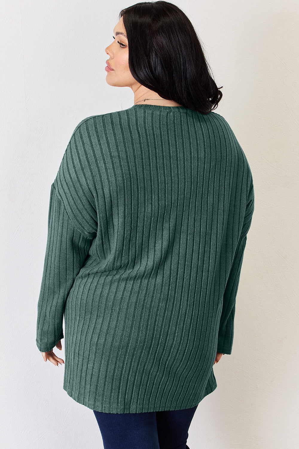 Basic Bae - Rib Knit Half Button Long Sleeve High - Low Hem T-Shirt