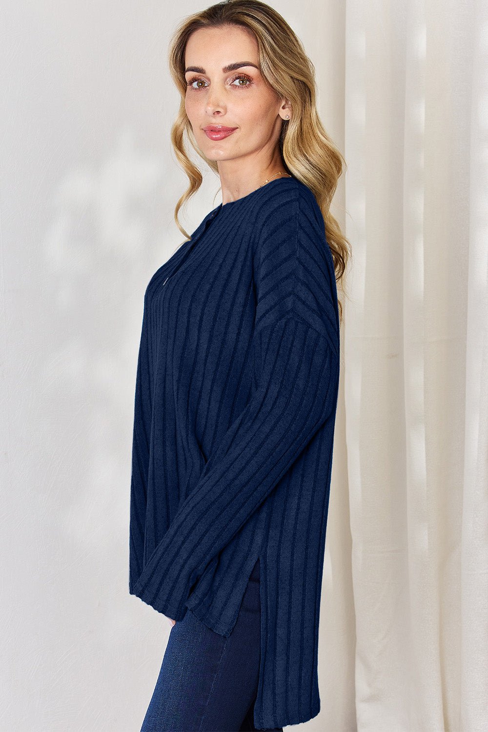 Basic Bae - Rib Knit Half Button Long Sleeve High - Low Hem T-Shirt