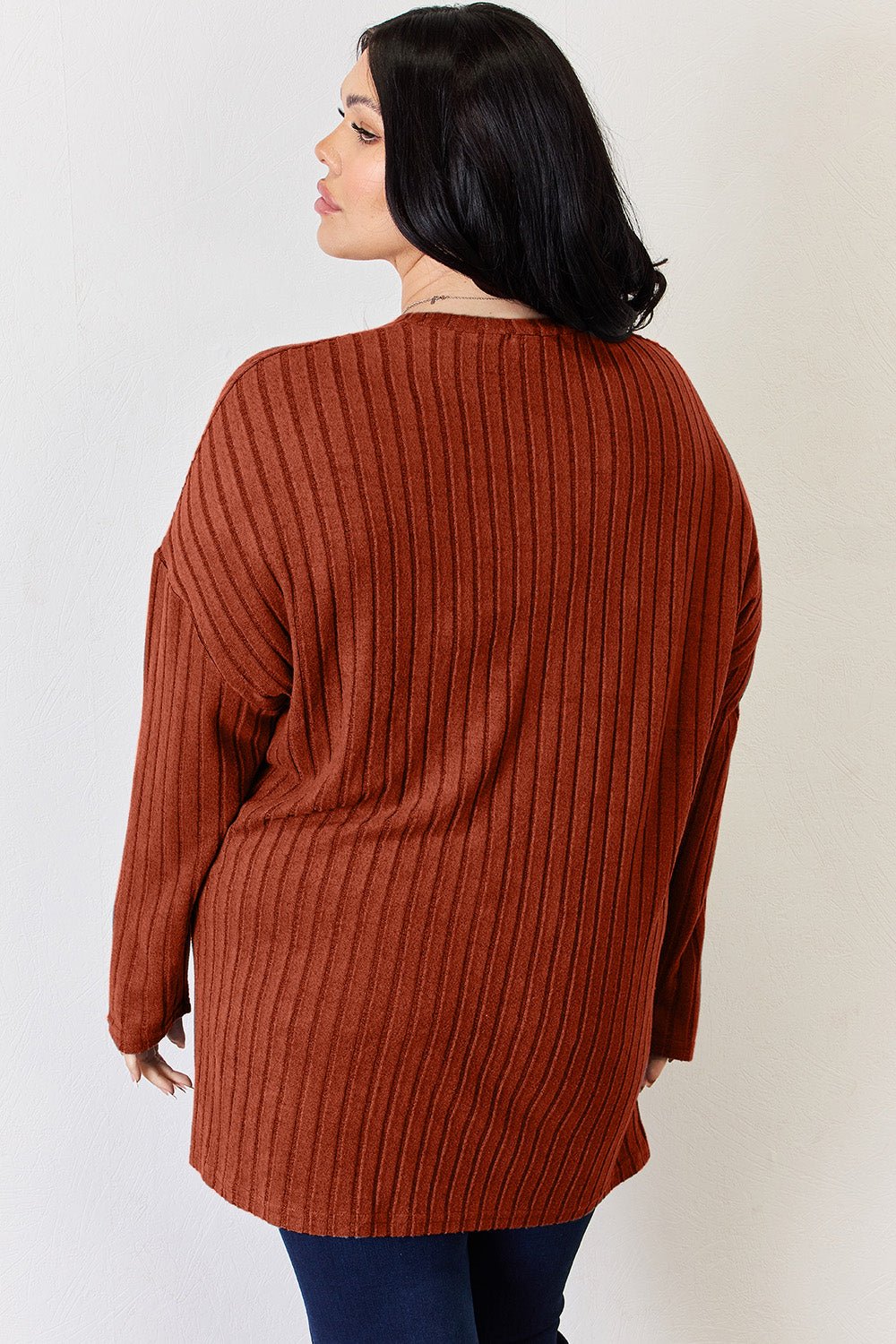 Basic Bae - Rib Knit Half Button Long Sleeve High - Low Hem T-Shirt