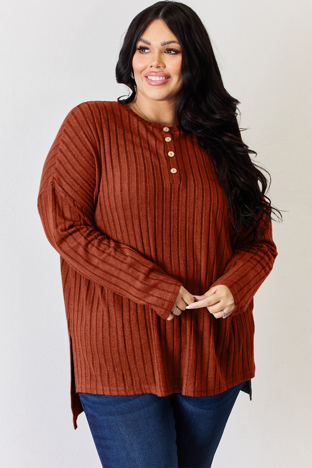 Basic Bae - Rib Knit Half Button Long Sleeve High - Low Hem T-Shirt