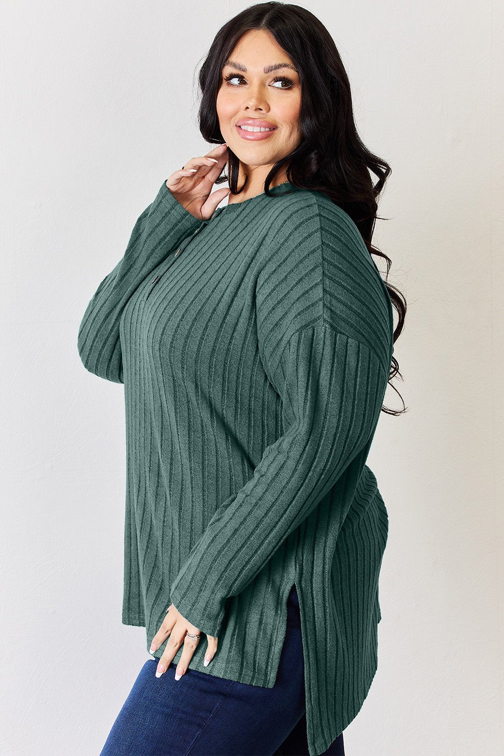 Basic Bae - Rib Knit Half Button Long Sleeve High - Low Hem T-Shirt