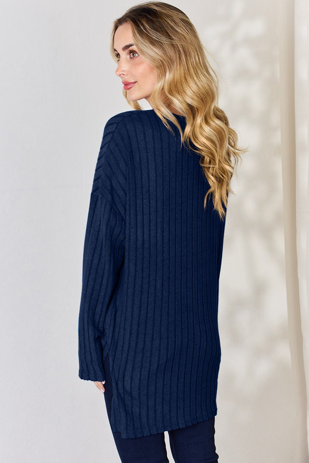 Basic Bae - Rib Knit Half Button Long Sleeve High - Low Hem T-Shirt