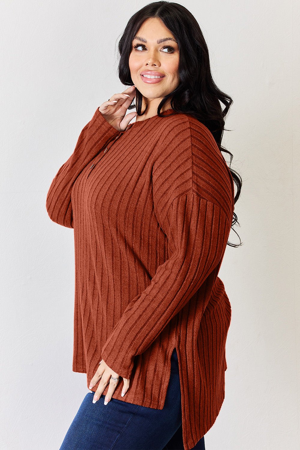 Basic Bae - Rib Knit Half Button Long Sleeve High - Low Hem T-Shirt