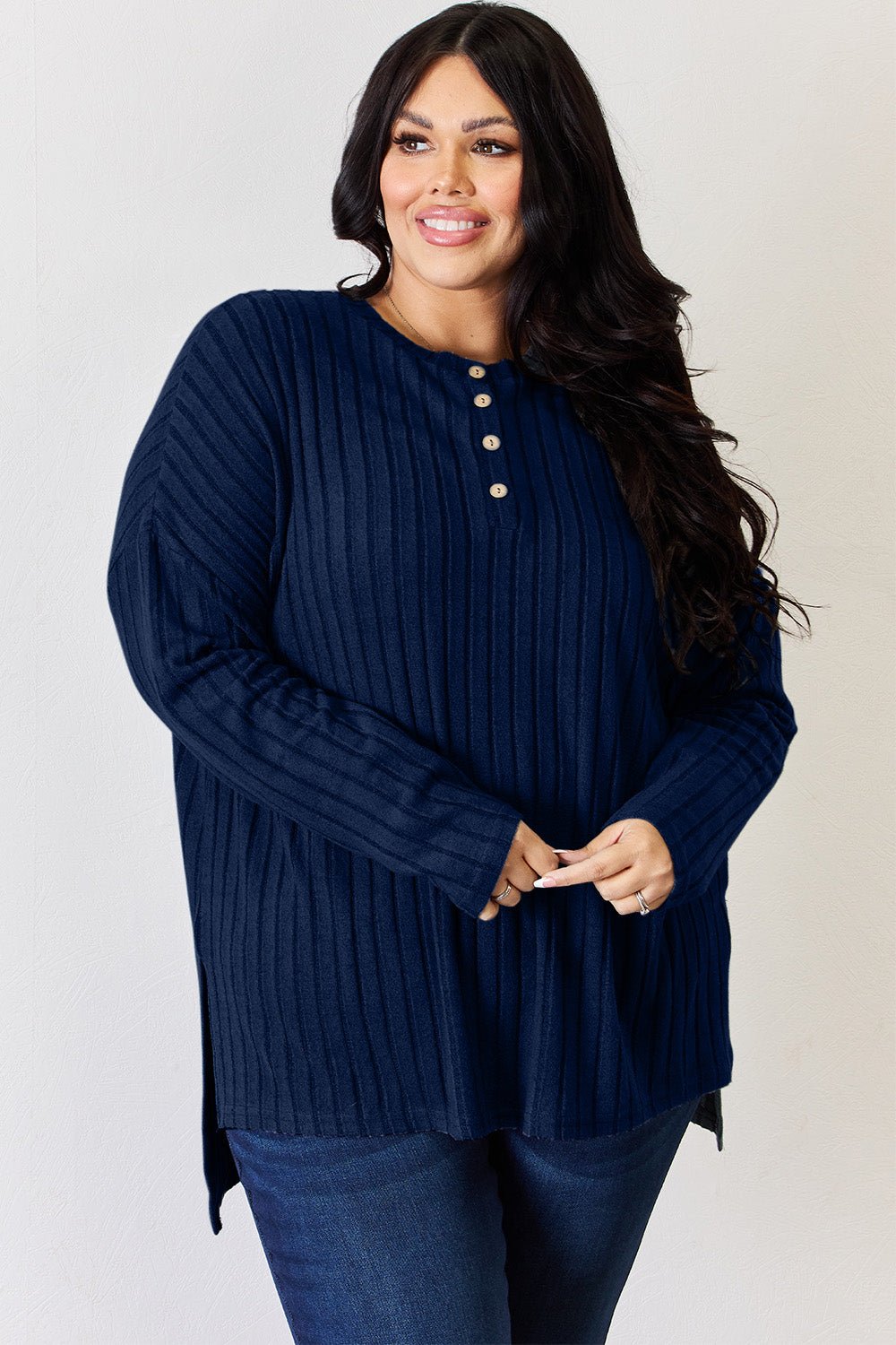 Basic Bae - Rib Knit Half Button Long Sleeve High - Low Hem T-Shirt