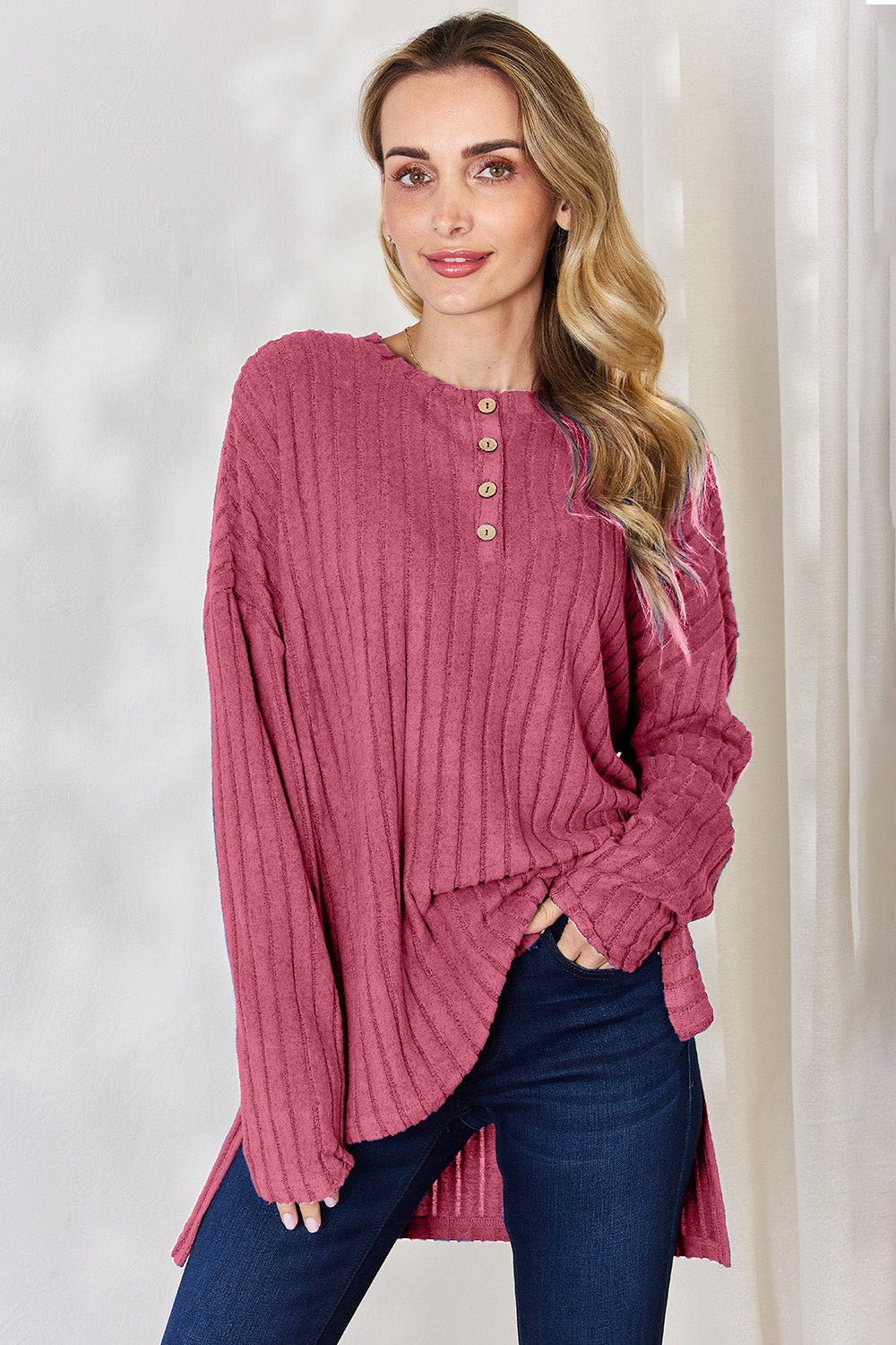 Basic Bae - Rib Knit Half Button Long Sleeve High - Low Hem T-Shirt