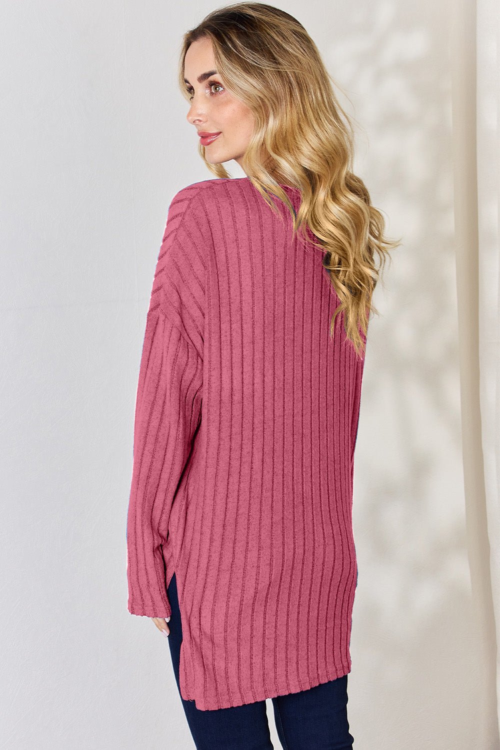 Basic Bae - Rib Knit Half Button Long Sleeve High - Low Hem T-Shirt