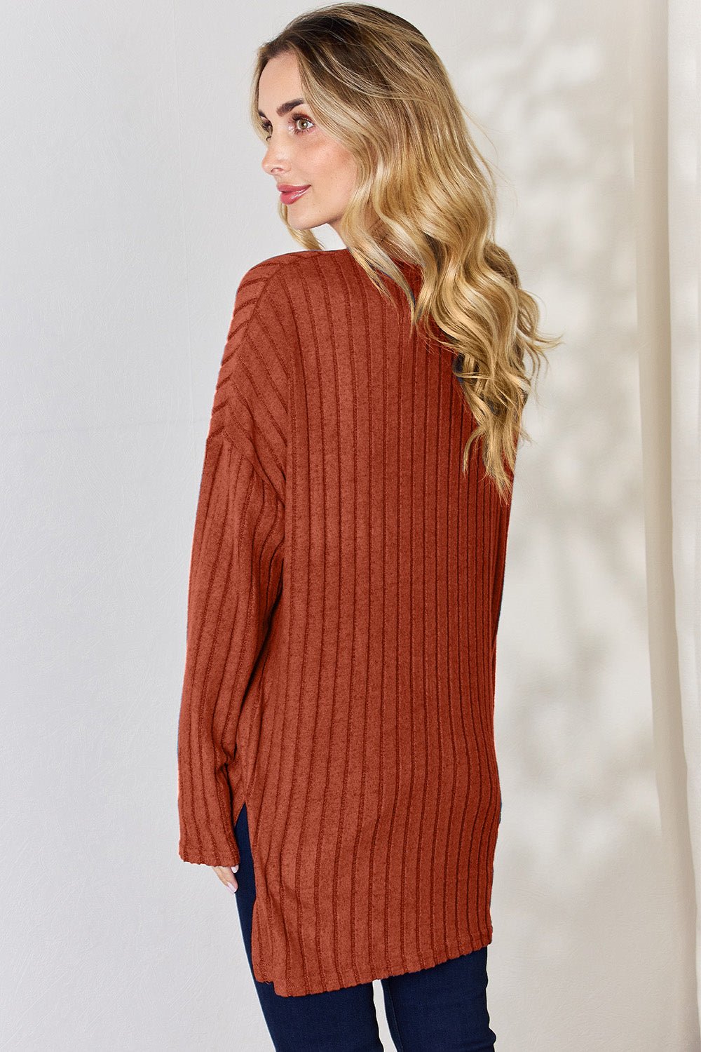 Basic Bae - Rib Knit Half Button Long Sleeve High - Low Hem T-Shirt