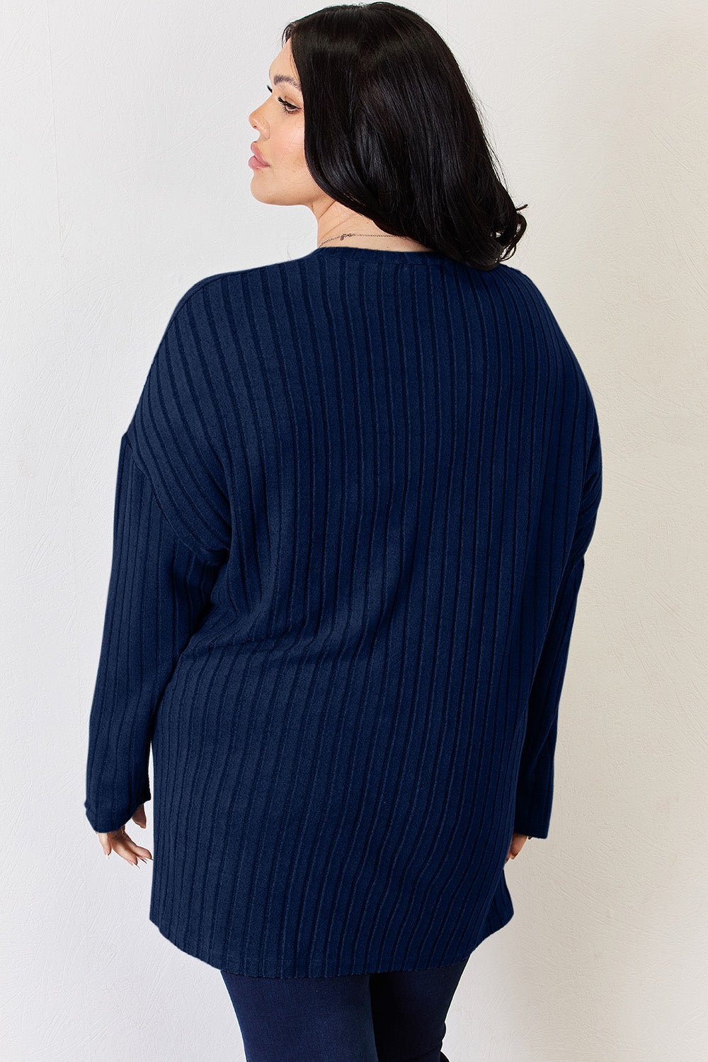 Basic Bae - Rib Knit Half Button Long Sleeve High - Low Hem T-Shirt