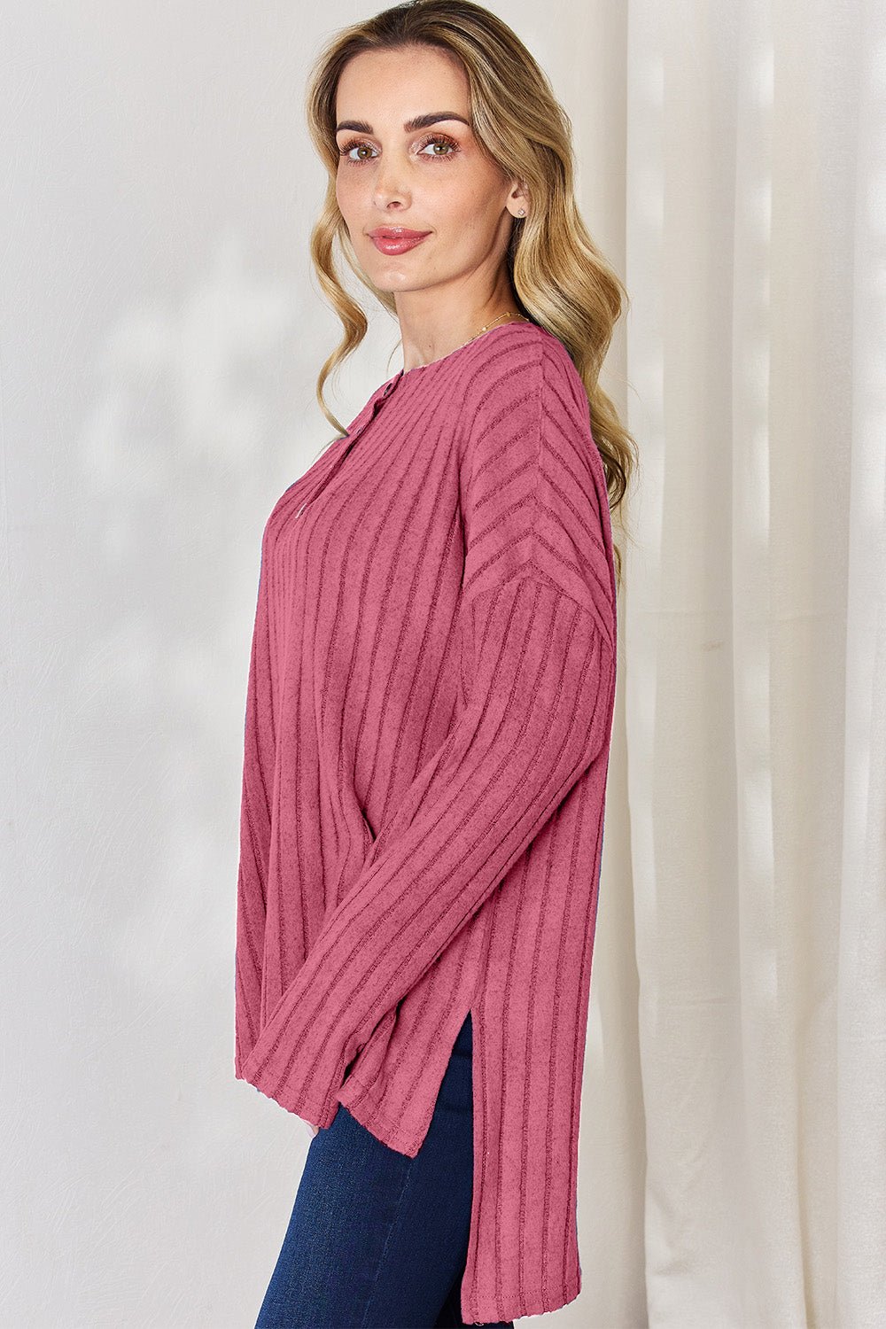 Basic Bae - Rib Knit Half Button Long Sleeve High - Low Hem T-Shirt