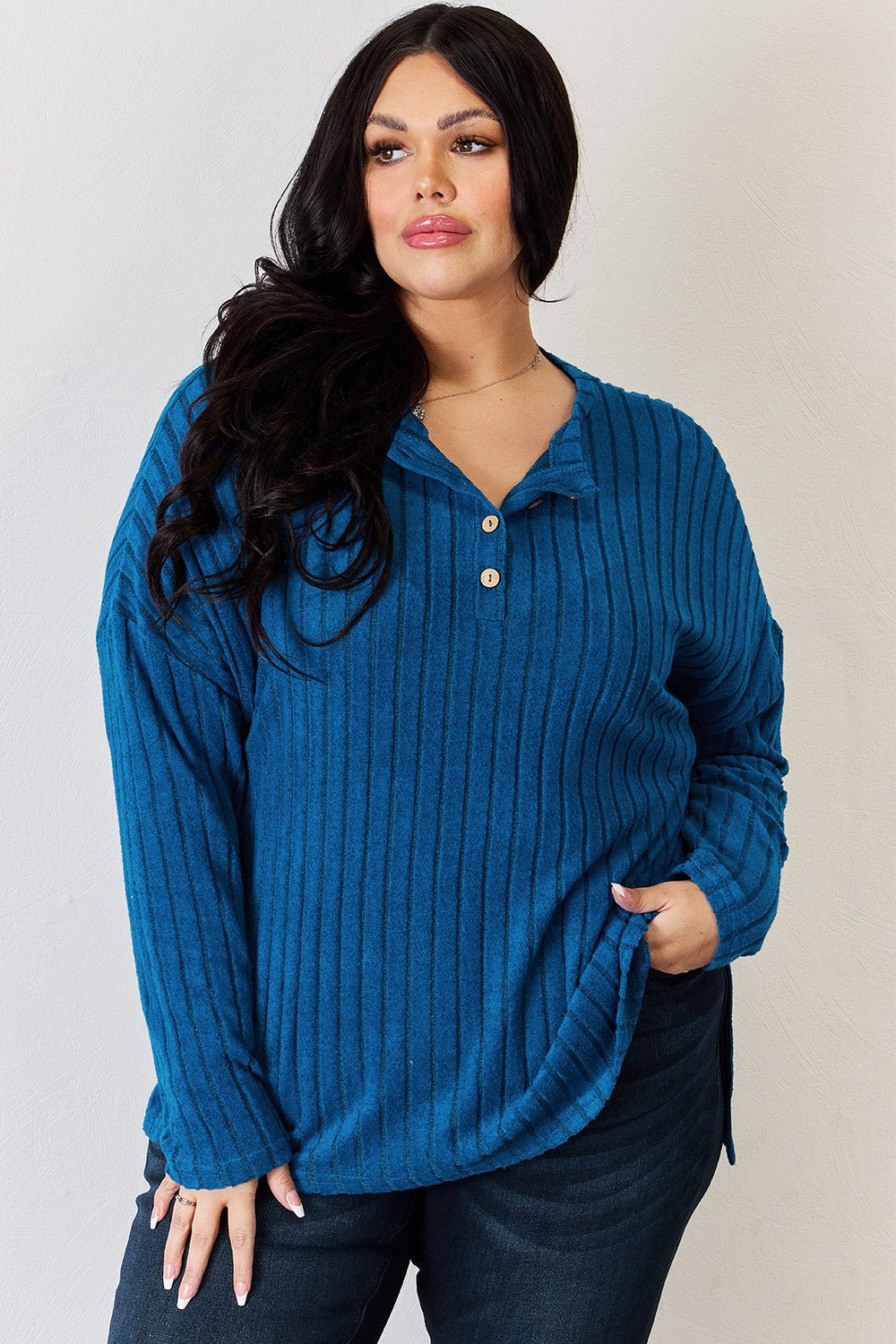 Basic Bae - Rib Knit Half Button Long Sleeve High - Low Hem T-Shirt