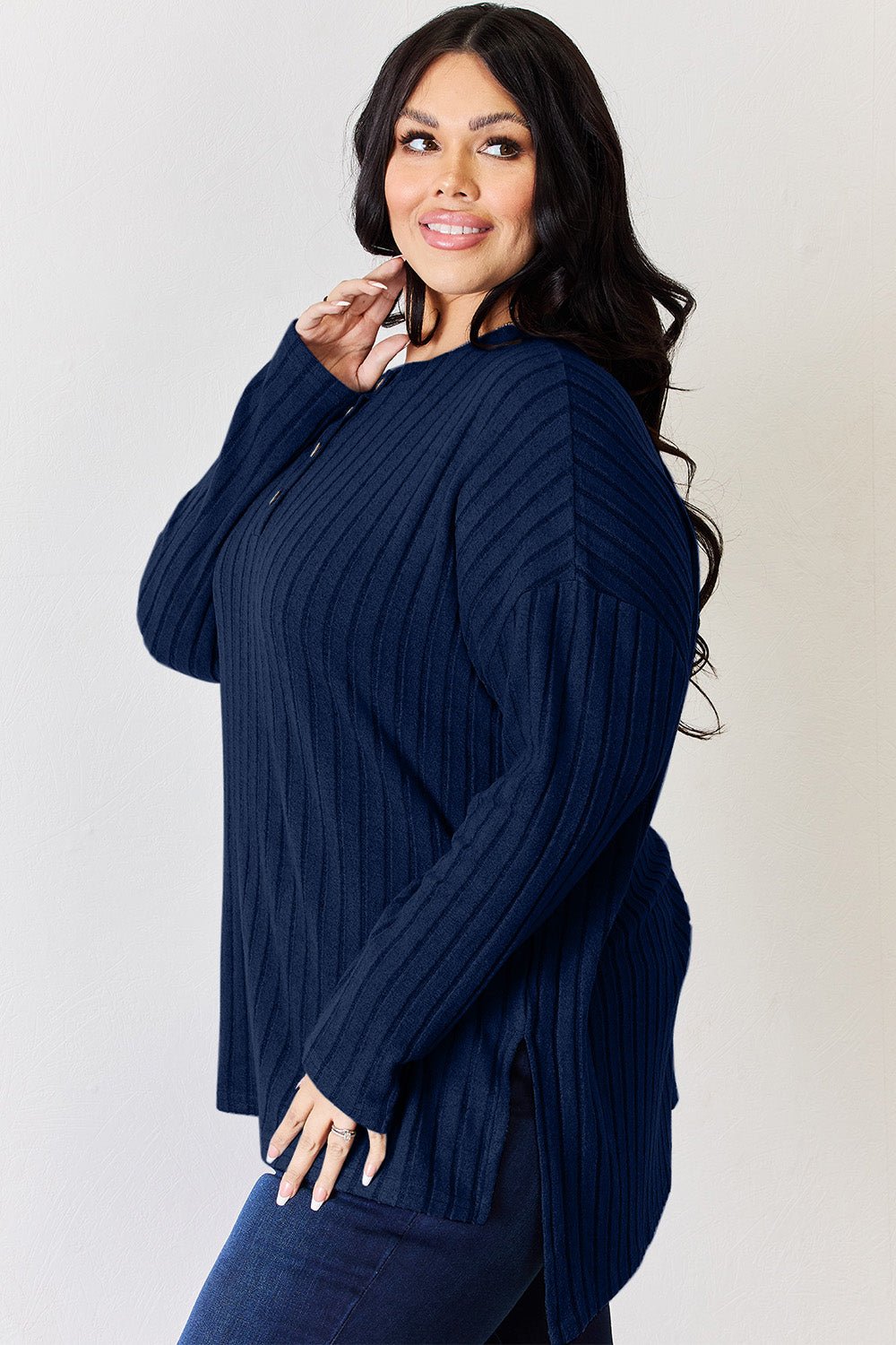 Basic Bae - Rib Knit Half Button Long Sleeve High - Low Hem T-Shirt