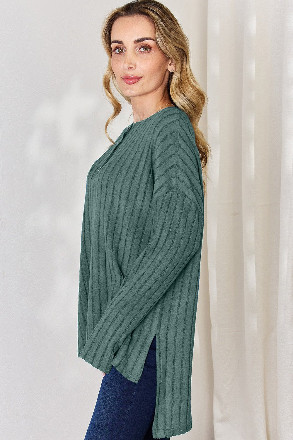 Basic Bae - Rib Knit Half Button Long Sleeve High - Low Hem T-Shirt