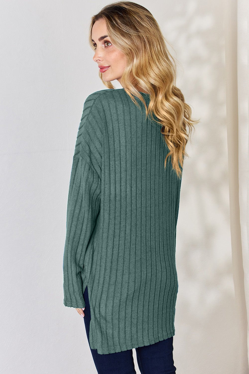 Basic Bae - Rib Knit Half Button Long Sleeve High - Low Hem T-Shirt