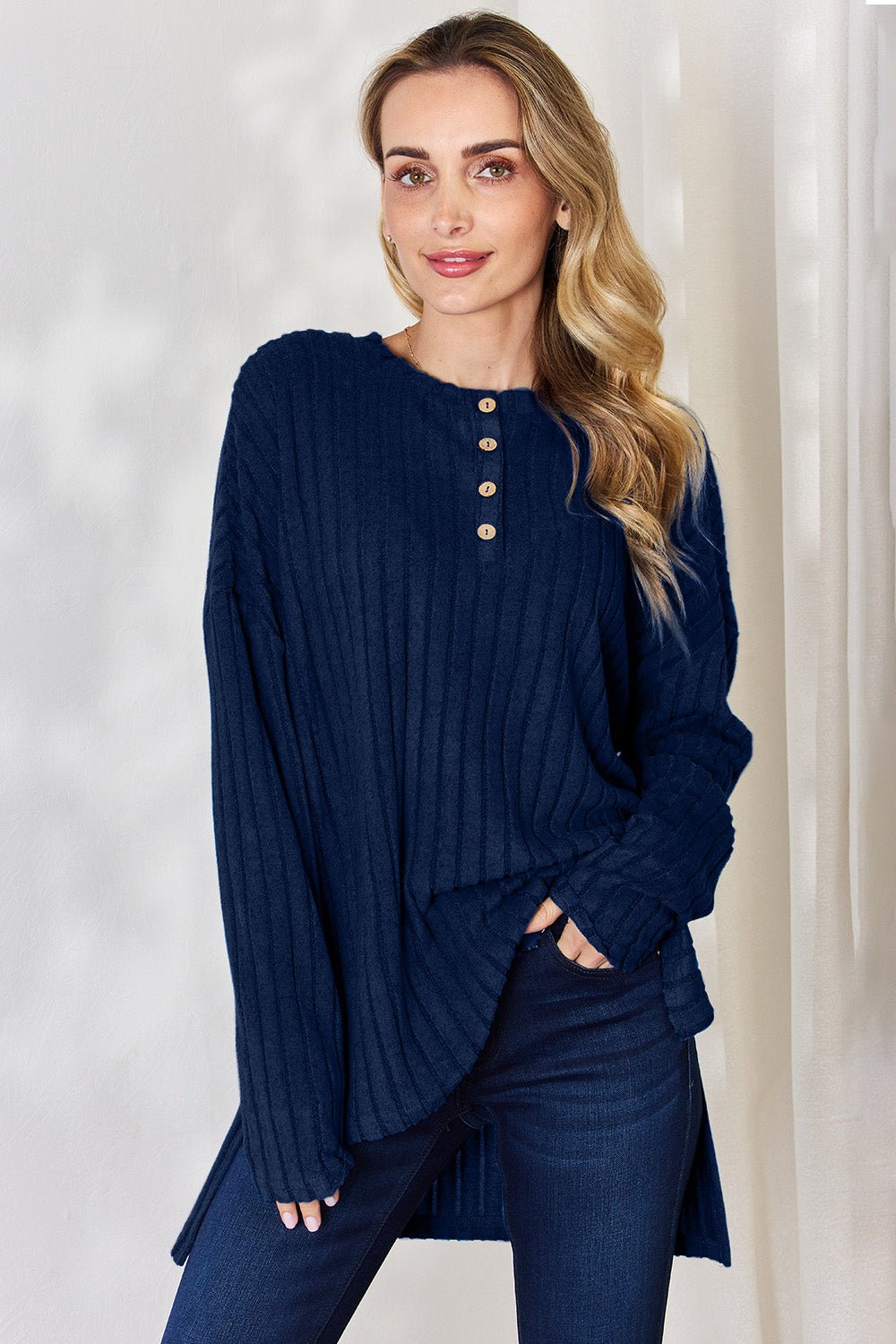 Basic Bae - Rib Knit Half Button Long Sleeve High - Low Hem T-Shirt