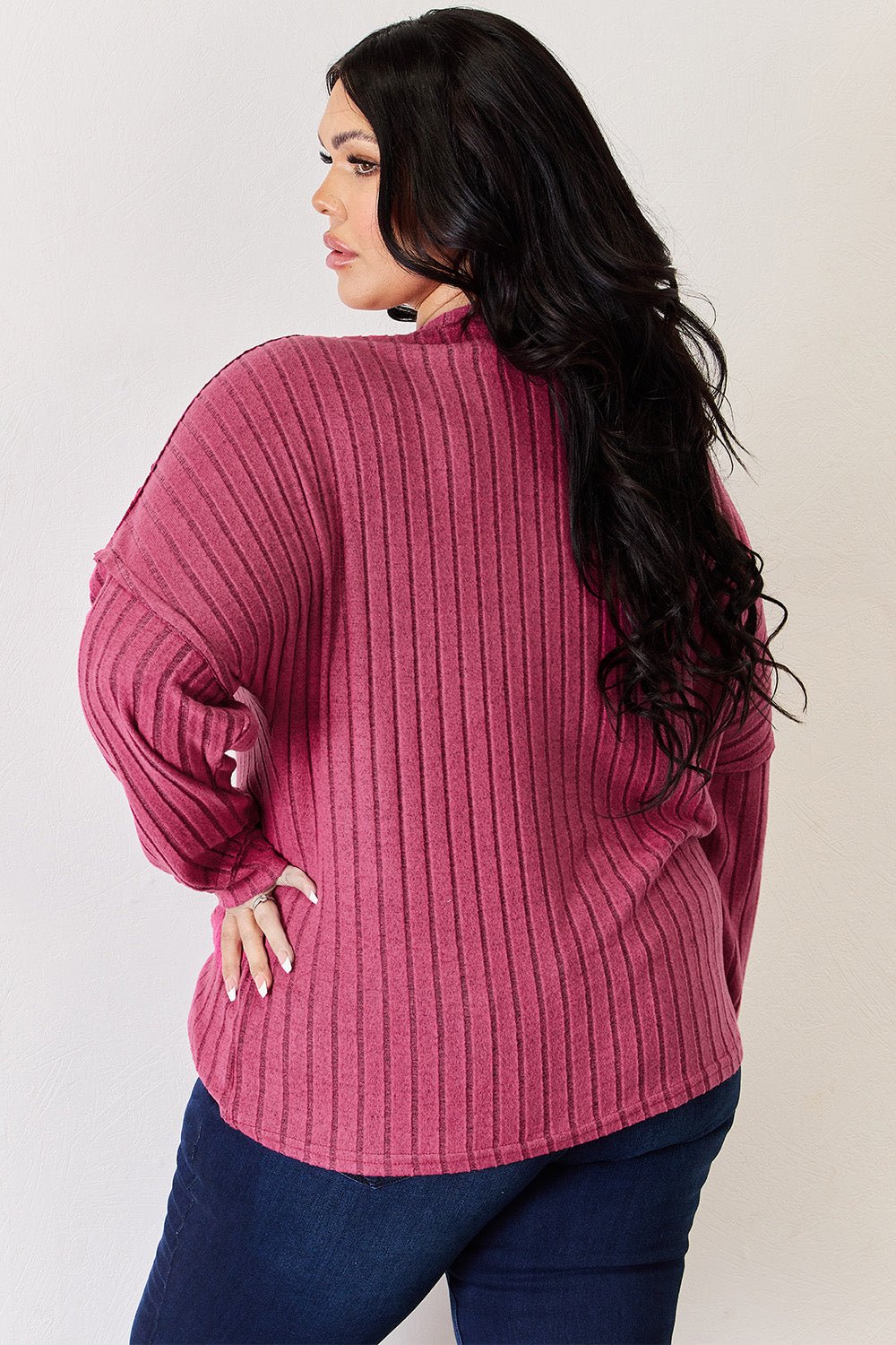 Basic Bae - Rib Knit Half Button Long Sleeve High - Low Hem T-Shirt