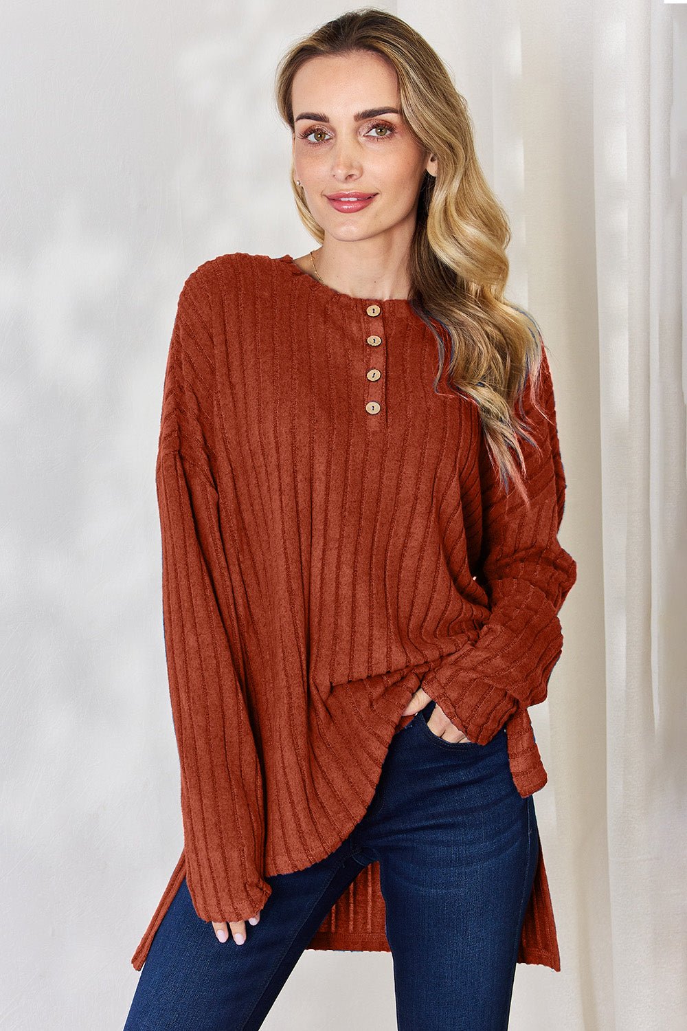 Basic Bae - Rib Knit Half Button Long Sleeve High - Low Hem T-Shirt