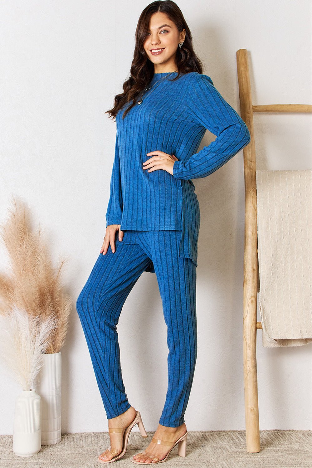 Basic Bae - Rib Knit High - Low Hem Tunic Top and Pants Set